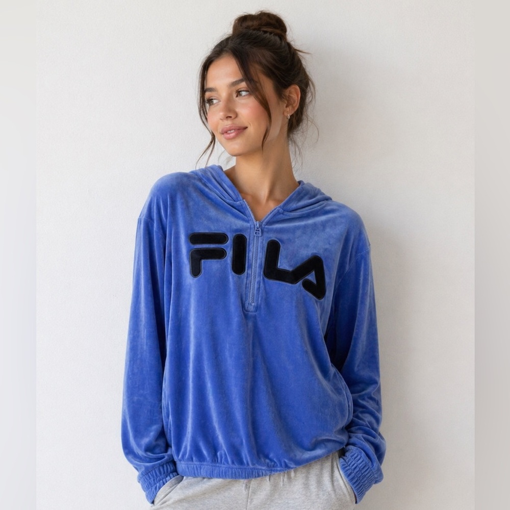 FILA Blue Velour Cropped Quarter-Zip Hoodie Logo Women’s Small Y2K
